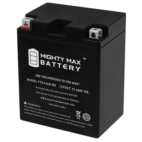 <b>Battery</b> Type: <b>YTX14AH</b>: <b>Battery</b> Family: Factory Activated, Maintenance Free: Voltage: 12: Capacity (10-HR): 12: Dimensions: 5 5⁄16 in. . Battery ytx14ah